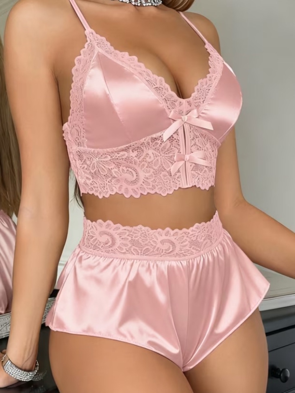 Pink Satin & Lace Bralette Set - Women Intimates